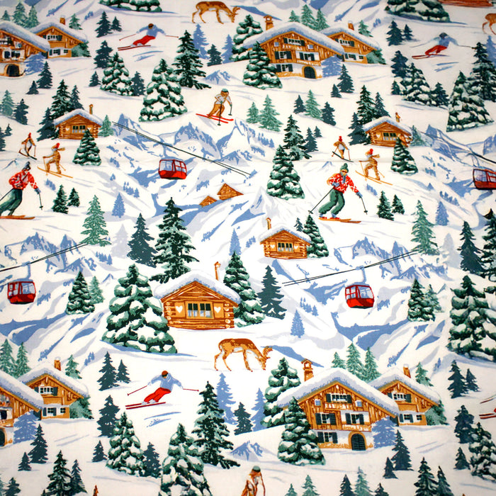 Tissu cotonnade Ski, chalets et montagnes enneigées - OEKO-TEX STANDARD 100 - TissusPapi.com