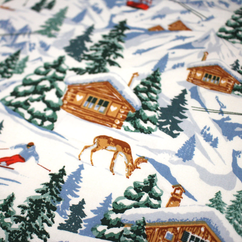 Tissu cotonnade Ski, chalets et montagnes enneigées - OEKO - TEX STANDARD 100 - TissusPapi.com