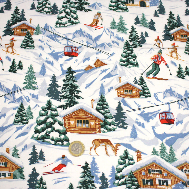 Tissu cotonnade Ski, chalets et montagnes enneigées - OEKO - TEX STANDARD 100 - TissusPapi.com