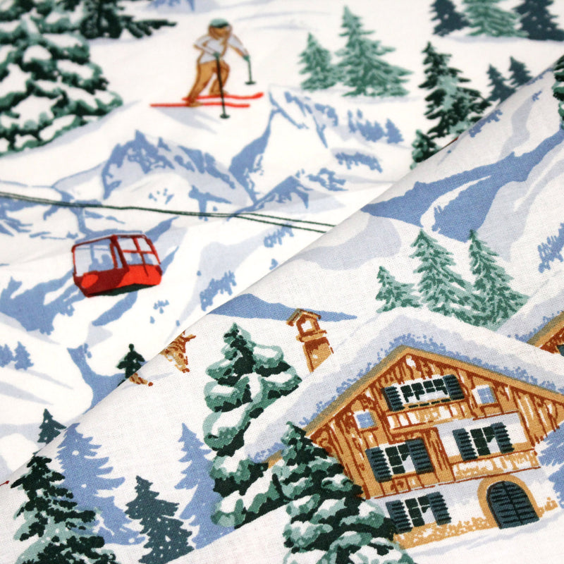 Tissu cotonnade Ski, chalets et montagnes enneigées - OEKO - TEX STANDARD 100 - TissusPapi.com