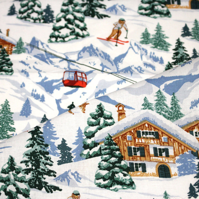 Tissu cotonnade Ski, chalets et montagnes enneigées - OEKO - TEX STANDARD 100 - TissusPapi.com