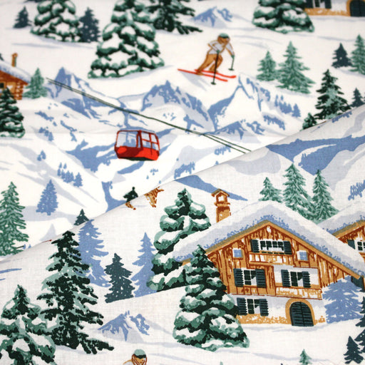 Tissu cotonnade Ski, chalets et montagnes enneigées - OEKO-TEX STANDARD 100 - TissusPapi.com