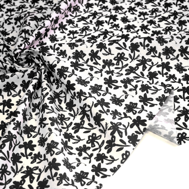 Tissu cotonnade aux fleurs japonaise & dessins à l'encre de Chine : rouge, noir, bleu - OEKO - TEX - TissusPapi.com