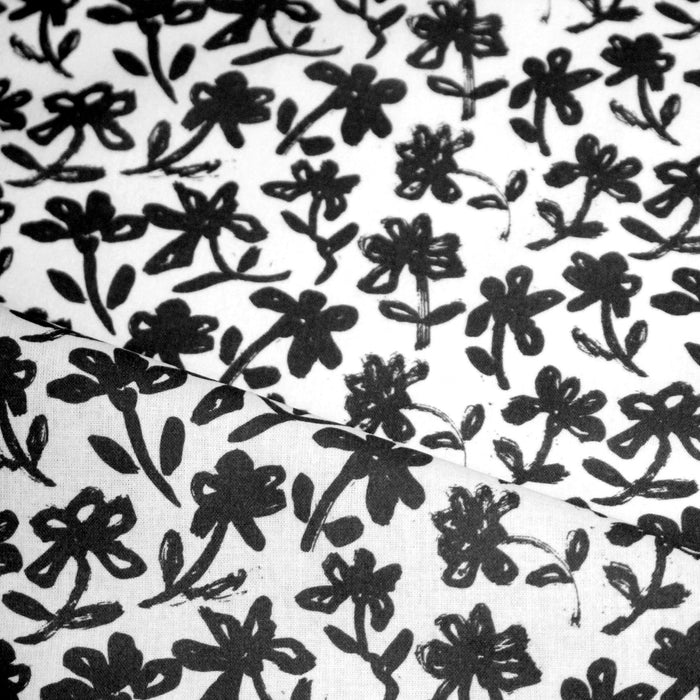 Tissu cotonnade aux fleurs japonaise & dessins à l'encre de Chine : rouge, noir, bleu - OEKO-TEX