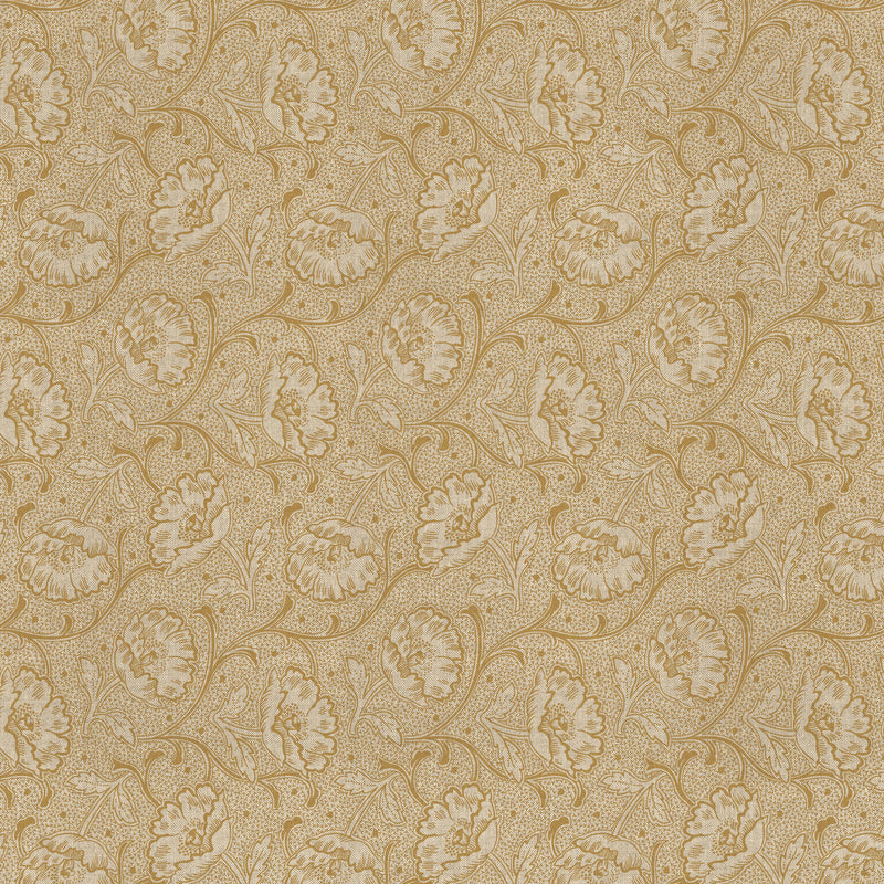 Tissu ART NOUVEAU demi natté motif floral, fond lin : bordeaux, vert anglais, ocre