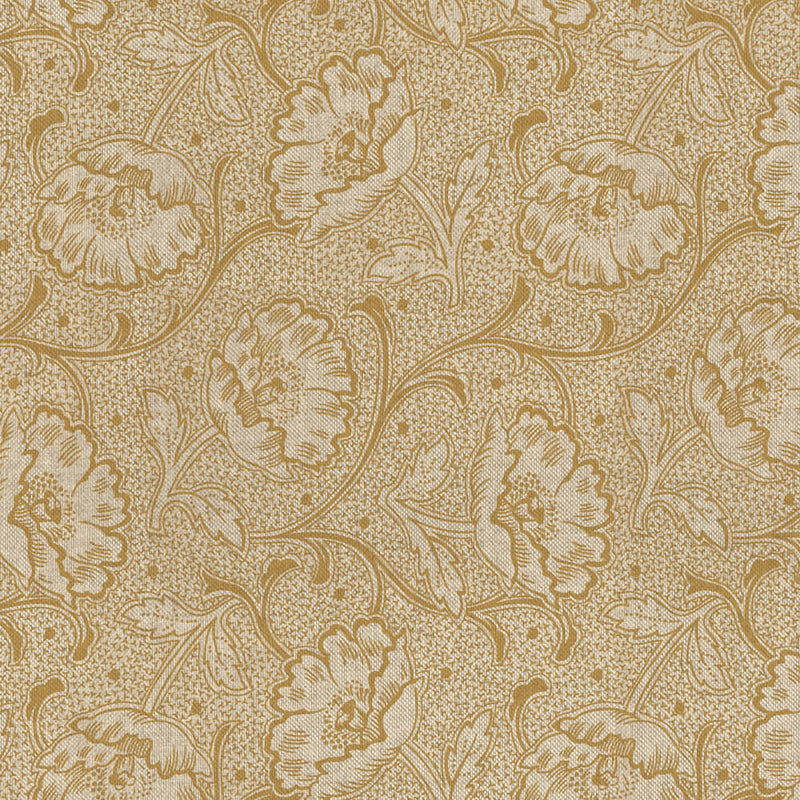 Tissu ART NOUVEAU demi natté motif floral, fond lin : bordeaux, vert anglais, ocre