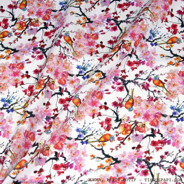 Tissu coton motif jardin japonais GUNMA aux oiseaux et fleurs de cerisier - OEKO-TEX