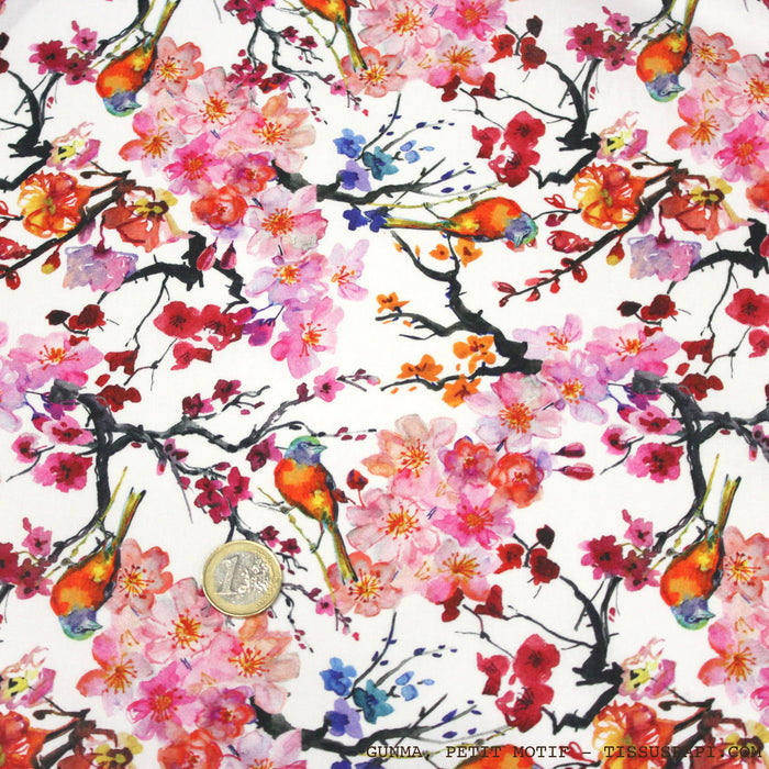 Tissu coton motif jardin japonais GUNMA aux oiseaux et fleurs de cerisier : trois tailles, OEKO-TEX