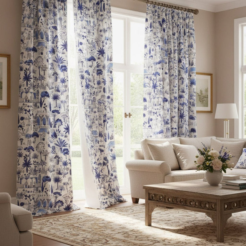 Tissu coton demi - natté TOILE DE JOUY MODERNE JARDIN MAJORELLE, tons blancs et bleus - TissusPapi.com