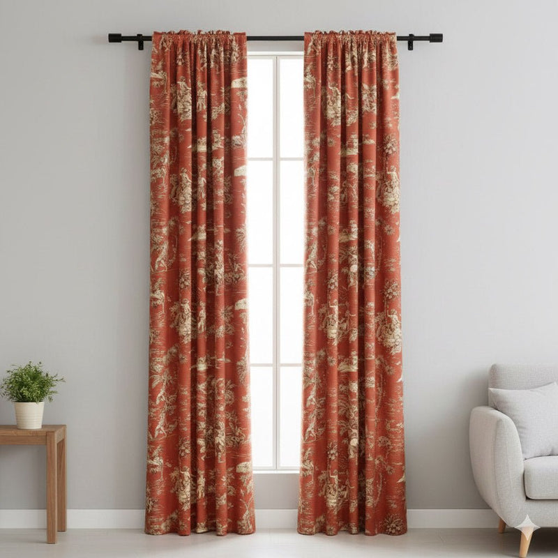 Tissu coton épais TOILE DE JOUY "LES AMERINDIENS", rouille rouge & écru - TissusPapi.com