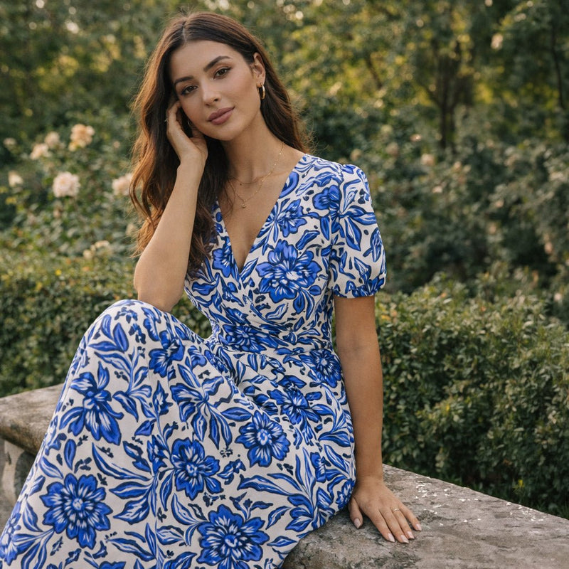 Tissu voile de coton imprimé INDIENNES écru aux fleurs bleues et marine - TissusPapi.com