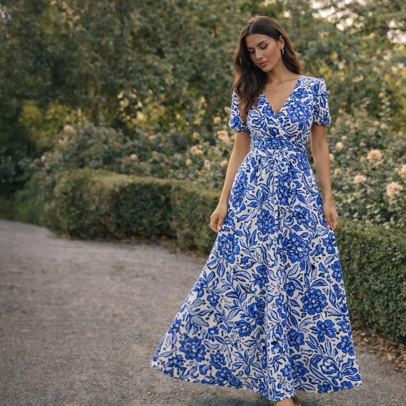Tissu voile de coton imprimé INDIENNES écru aux fleurs bleues et marine - TissusPapi.com