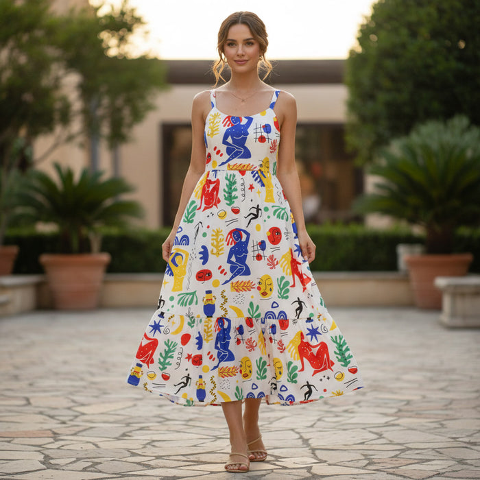 Tissu coton grande largeur 280cm, motif MATISSE très coloré, bleu, jaune, rouge, vert, fond blanc