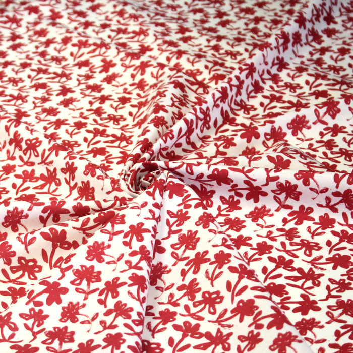 Tissu cotonnade aux fleurs japonaise & dessins à l'encre de Chine : rouge, noir, bleu - OEKO-TEX