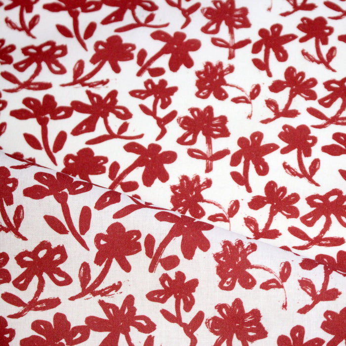 Tissu cotonnade aux fleurs japonaise & dessins à l'encre de Chine : rouge, noir, bleu - OEKO-TEX