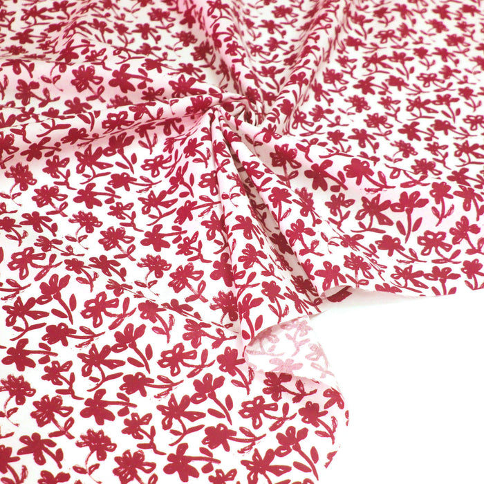 Tissu cotonnade aux fleurs japonaise & dessins à l'encre de Chine : rouge, noir, bleu - OEKO-TEX