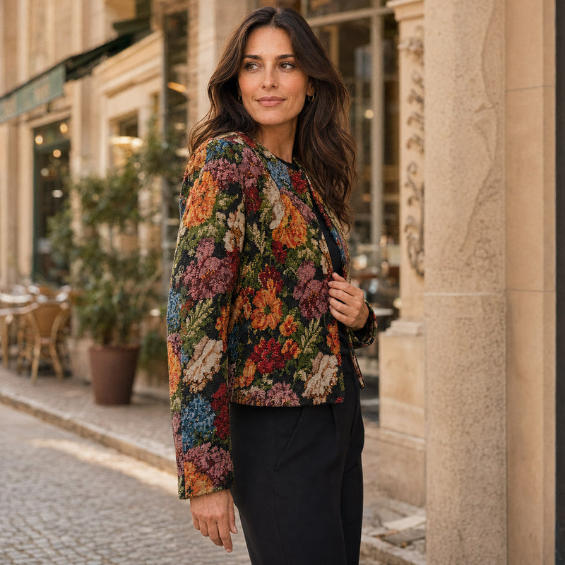 Tissu jacquard gobelin motif floral grandes fleurs multicolores - Idéal habillement, vestes/manteaux et ameublement -  STANDARD 100 OEKO-TEX