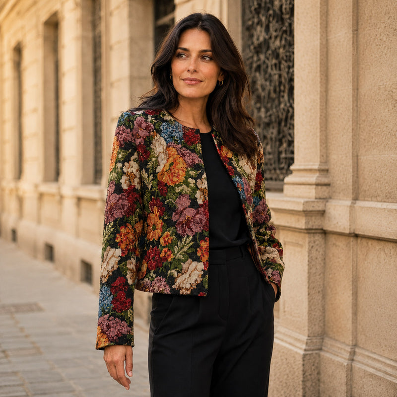 Tissu jacquard gobelin motif floral grandes fleurs multicolores - Idéal habillement, vestes/manteaux et ameublement -  STANDARD 100 OEKO-TEX