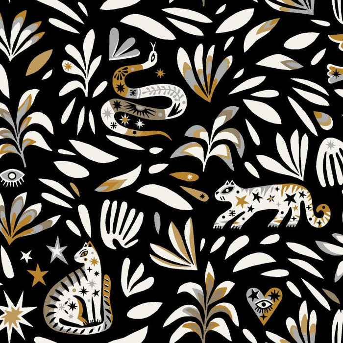 Tissu de coton noir aux feuilles et animaux blancs & multicolores - COLLECTION YUCATAN - OEKO-TEX®