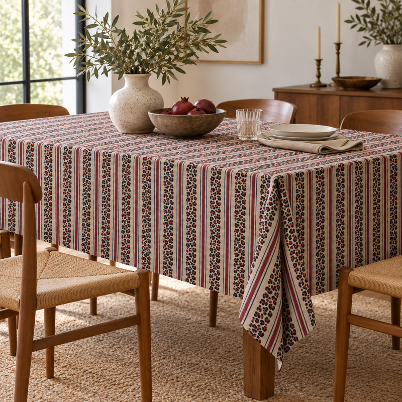 Tissu coton demi-natté LEOPARD & rayures bordeaux et bleues, fond lin - OEKO-TEX STANDARD 100