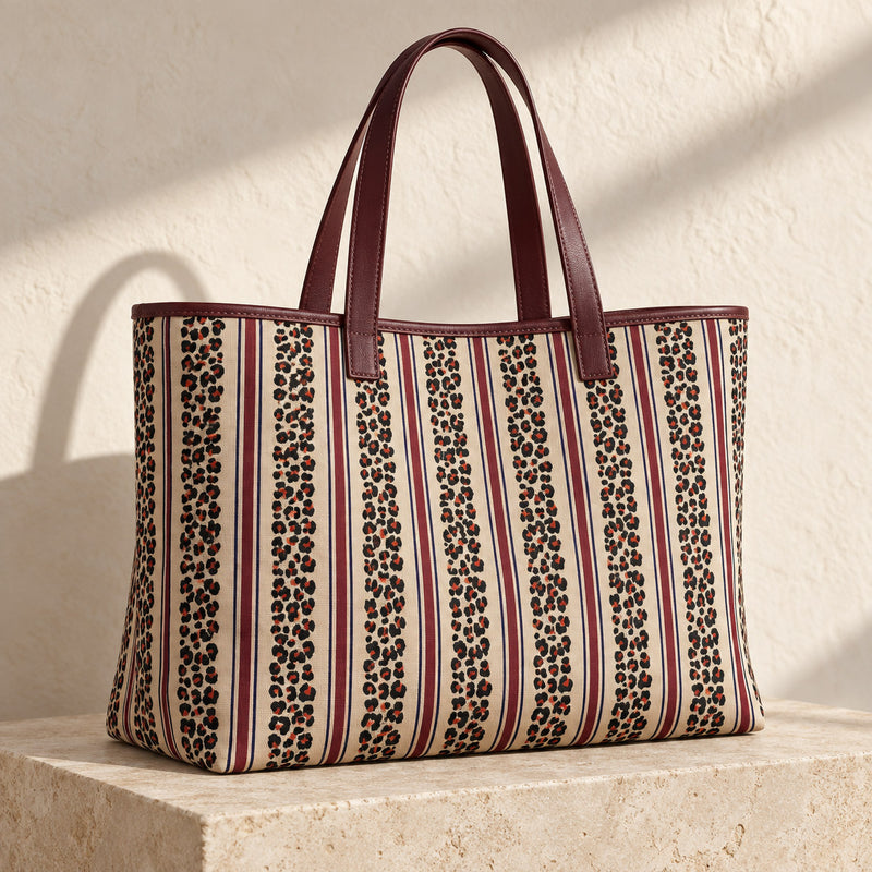 Tissu coton demi-natté LEOPARD & rayures bordeaux et bleues, fond lin - OEKO-TEX STANDARD 100