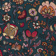 Tissu demi natté INDIENNES fleuri 100% coton, fond bleu pétrole - Collection Thevenon - TissusPapi.com