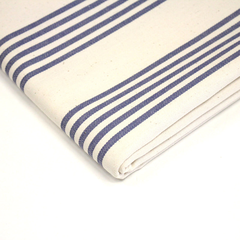 Tissu toile à matelas de coton LE TOUQUET écru aux rayures : bleu, rouge, noir, gris, sable - TissusPapi.com