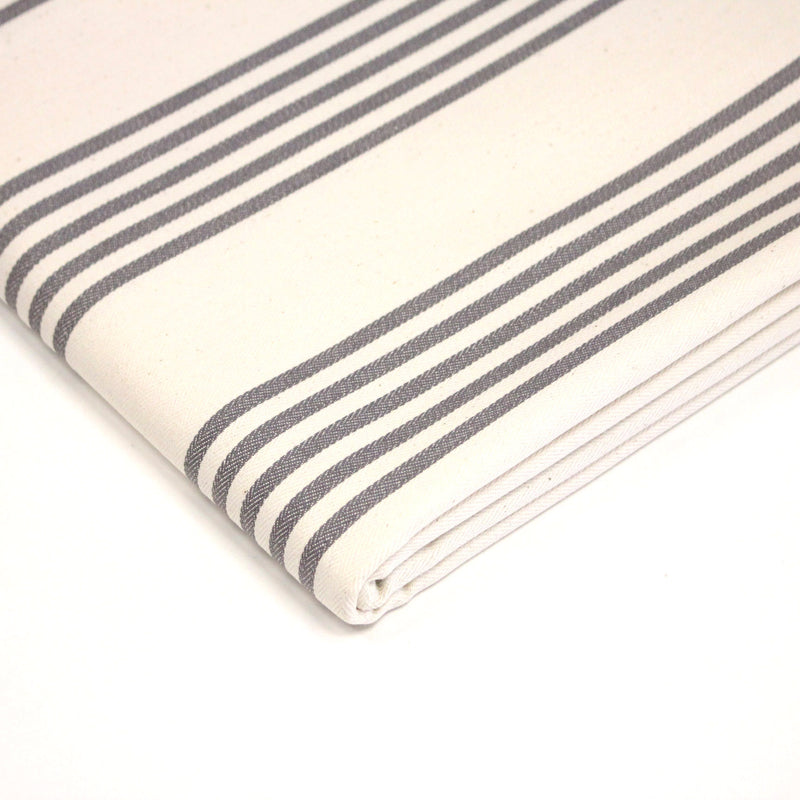 Tissu toile à matelas de coton LE TOUQUET écru aux rayures : bleu, rouge, noir, gris, sable - TissusPapi.com