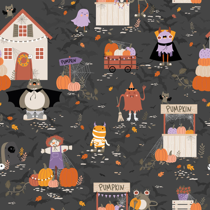 Tissu de coton Le jardin d'Halloween, citrouilles et jolis monstres- Collection Halloween - OEKO-TEX®