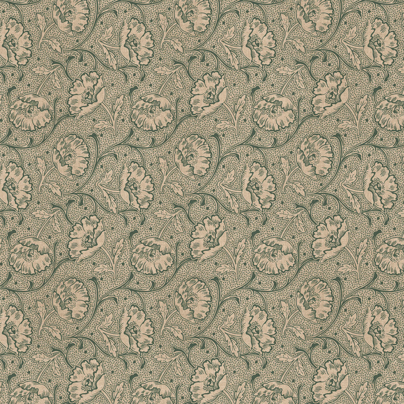 Tissu ART NOUVEAU demi natté motif floral, fond lin : bordeaux, vert anglais, ocre