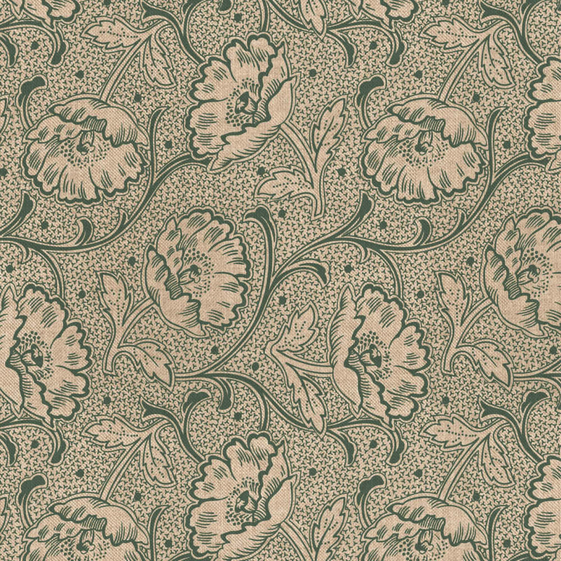 Tissu ART NOUVEAU demi natté motif floral, fond lin : bordeaux, vert anglais, ocre