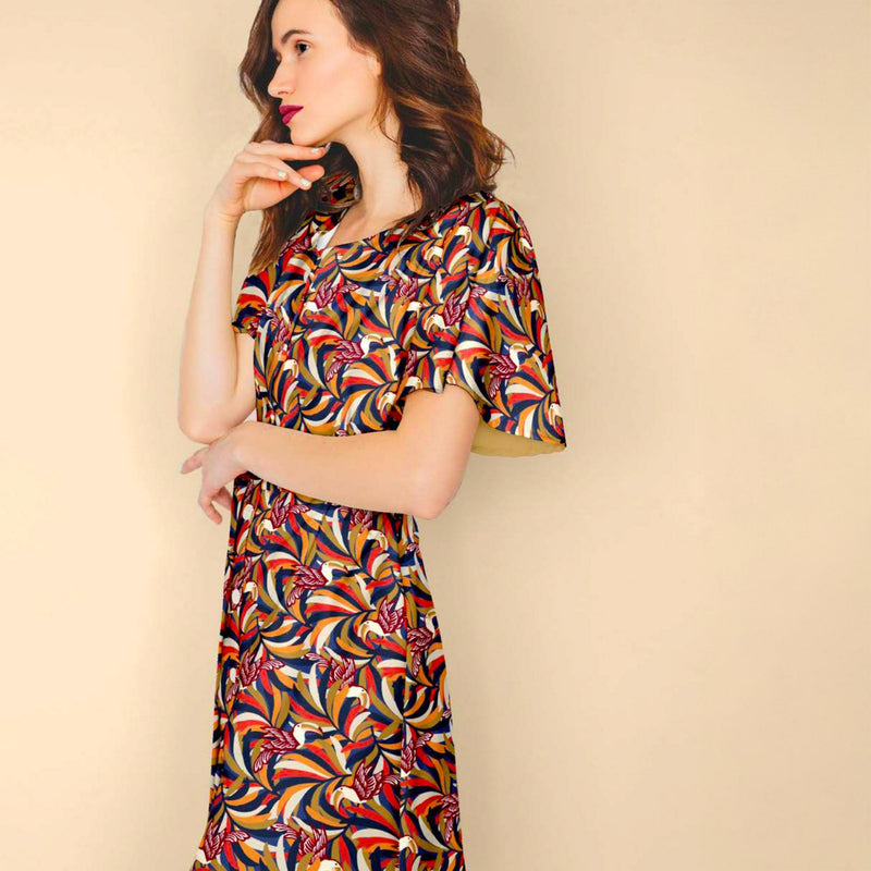 Tissu viscose fluide, motif floral & toucans : tons prune ou tons marine - OEKO - TEX STANDARD 100 - TissusPapi.com