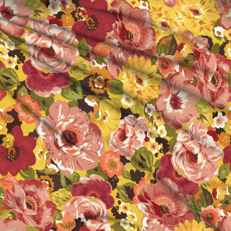 Tissu gabardine coton imprimée fleuri Vintage jaune, rouge, rose - OEKO-TEX STANDARD 100 - TissusPapi.com