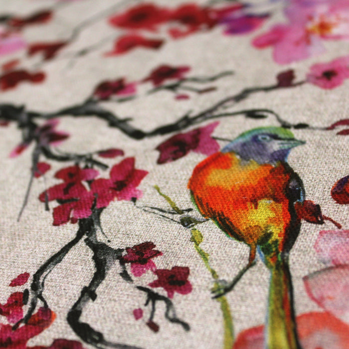 Tissu de coton motif jardin japonais GUNMA aux oiseaux et fleurs de cerisier sur fond lin
