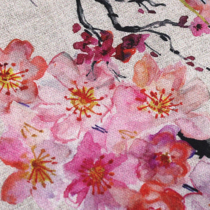 Tissu de coton motif jardin japonais GUNMA aux oiseaux et fleurs de cerisier sur fond lin