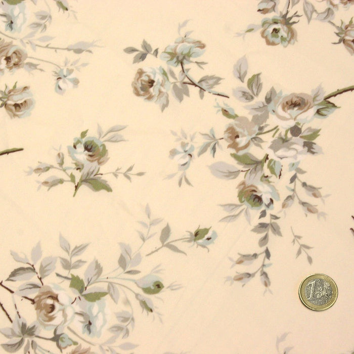 Tissu popeline de coton LADY aux fleurs grises & taupe, fond jaune pâle - tissuspapi
