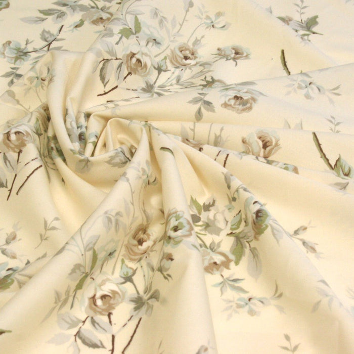 Tissu popeline de coton LADY aux fleurs grises & taupe, fond jaune pâle
