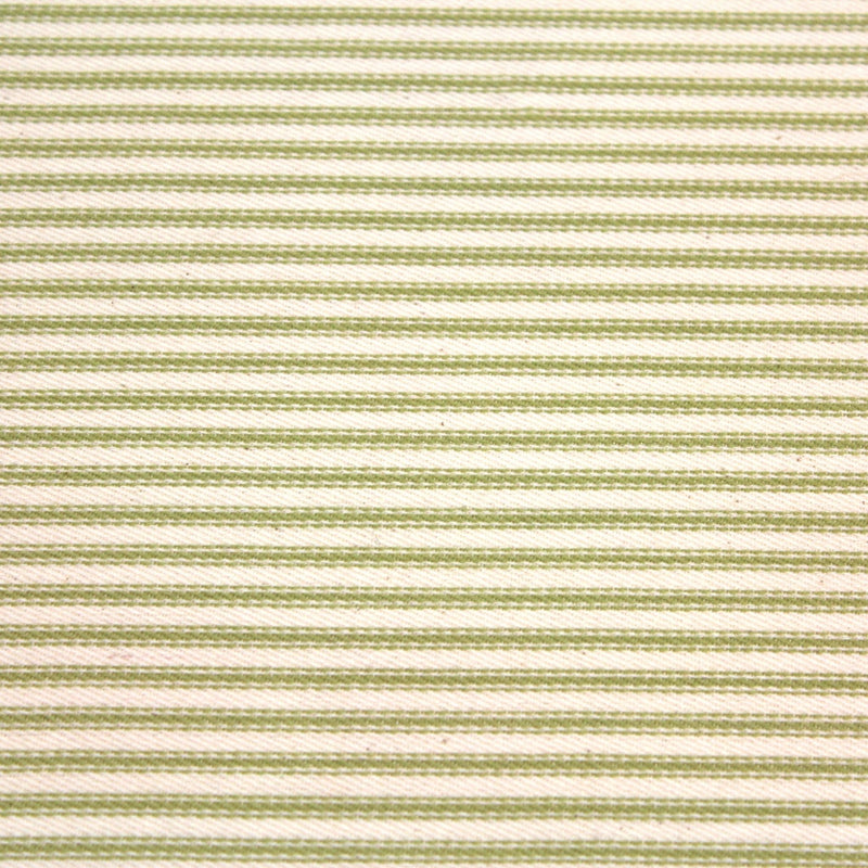 Tissu toile à matelas de coton DOUARNENEZ aux fines rayures vert pomme, fond écru - TissusPapi.com