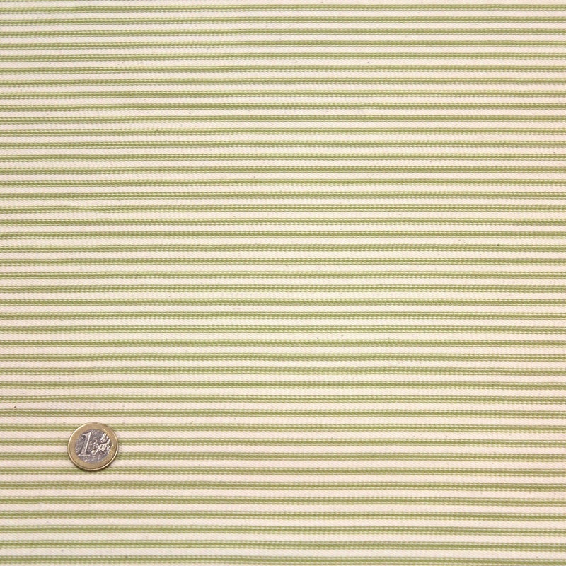 Tissu toile à matelas de coton DOUARNENEZ aux fines rayures vert pomme, fond écru - TissusPapi.com