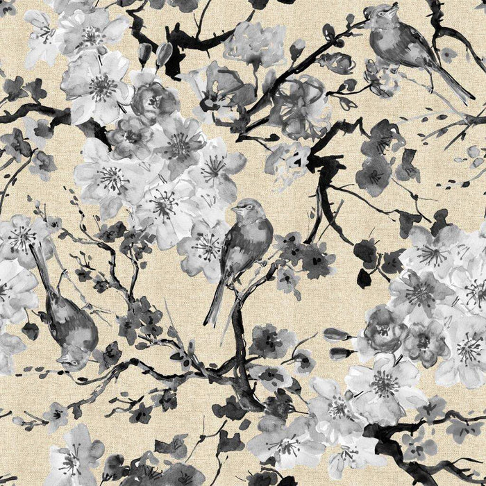 Tissu de coton motif jardin japonais GUNMA aux oiseaux et fleurs de cerisier noir et blanc sur fond lin - Grande largeur 280 cm - tissuspapi
