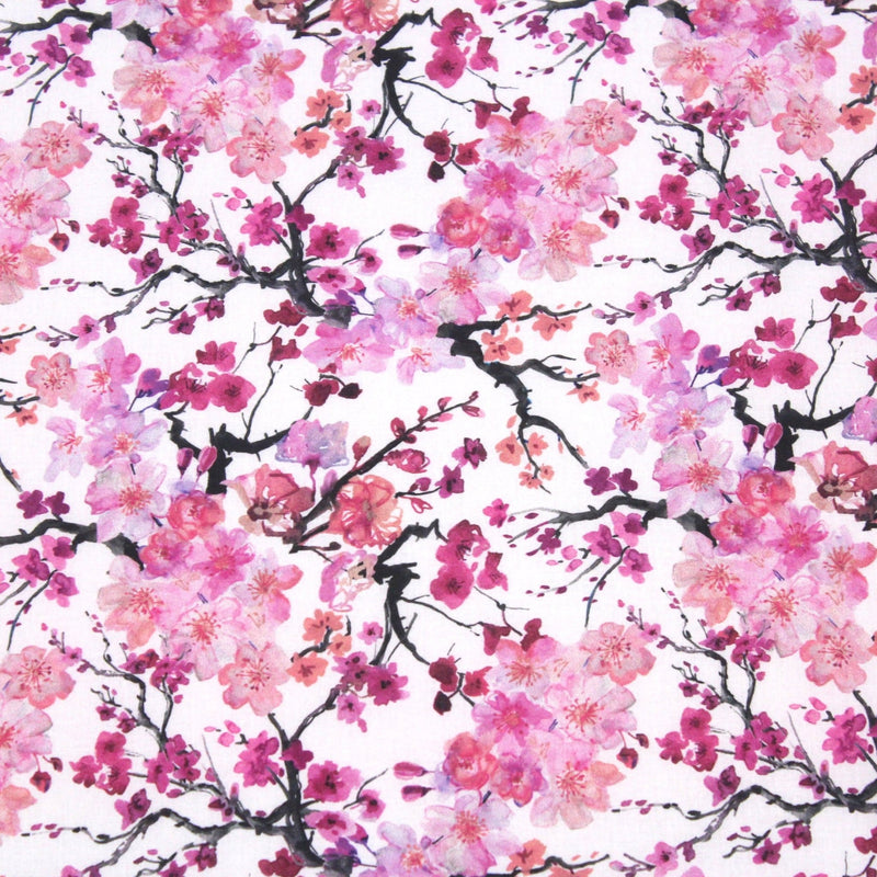 Tissu cotonnade SAKURA ROSE : jardin japonais aux fleurs de cerisier roses & fuchsia - TissusPapi.com