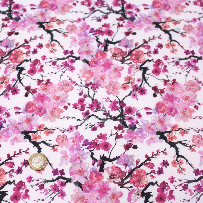 Tissu cotonnade SAKURA ROSE : jardin japonais aux fleurs de cerisier roses & fuchsia - TissusPapi.com
