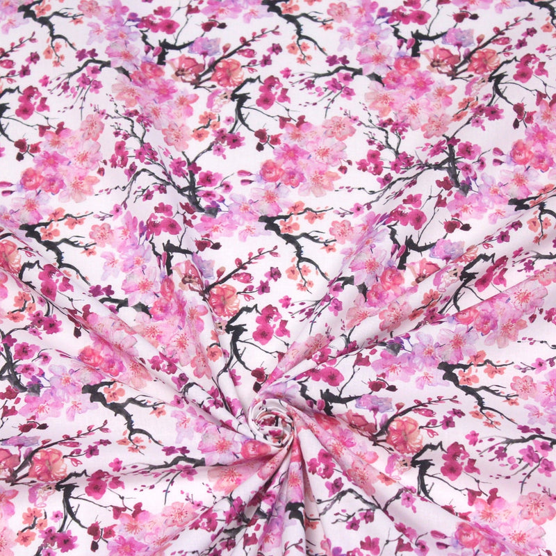 Tissu cotonnade SAKURA ROSE : jardin japonais aux fleurs de cerisier roses & fuchsia - TissusPapi.com