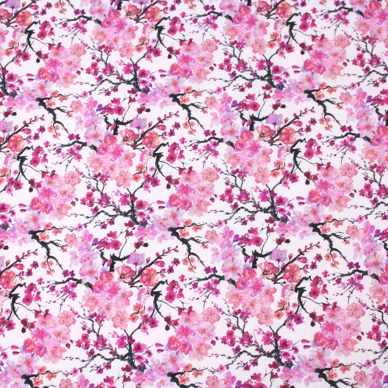 Tissu cotonnade SAKURA ROSE : jardin japonais aux fleurs de cerisier roses & fuchsia - TissusPapi.com