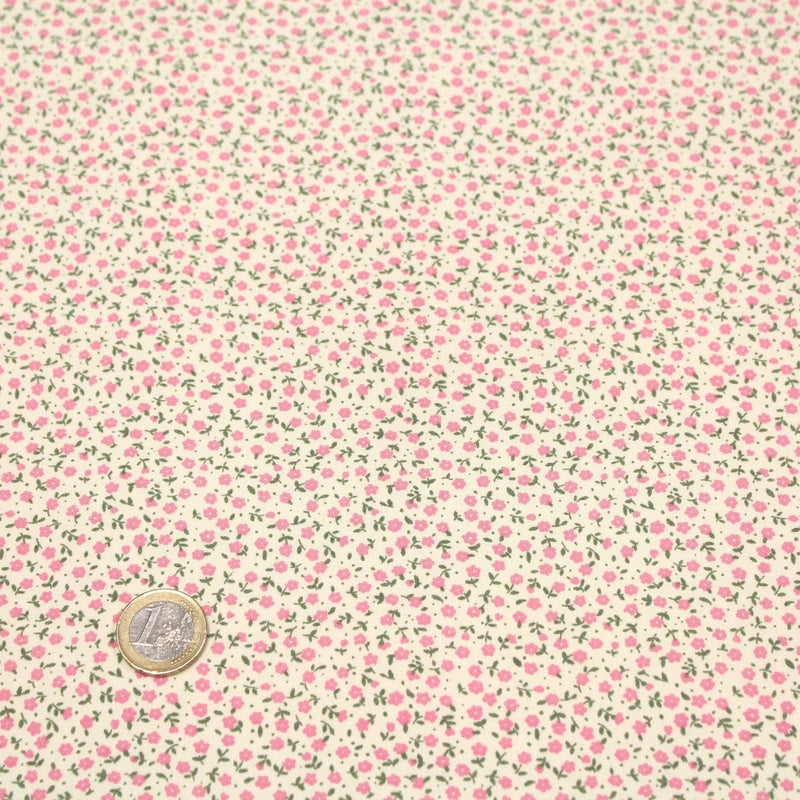 Tissu popeline de coton ANNA aux fines fleurs roses, fond écru - TissusPapi.com