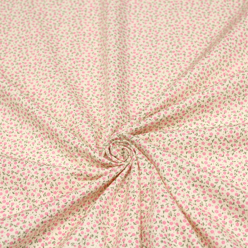 Tissu popeline de coton ANNA aux fines fleurs roses, fond écru - TissusPapi.com