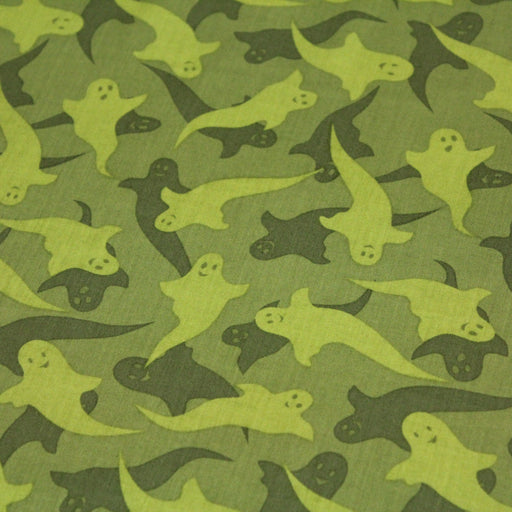 Tissu popeline de coton aux fantômes verts, fond vert - tissuspapi
