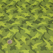 Tissu popeline de coton aux fantômes verts, fond vert - COLLECTION HALLOWEEN - TissusPapi.com