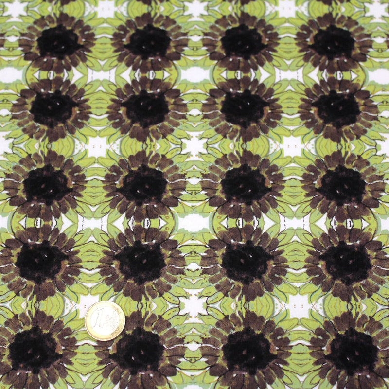 Tissu popeline de coton fleuri blanc aux tournesols vert pistache & marron - TissusPapi.com