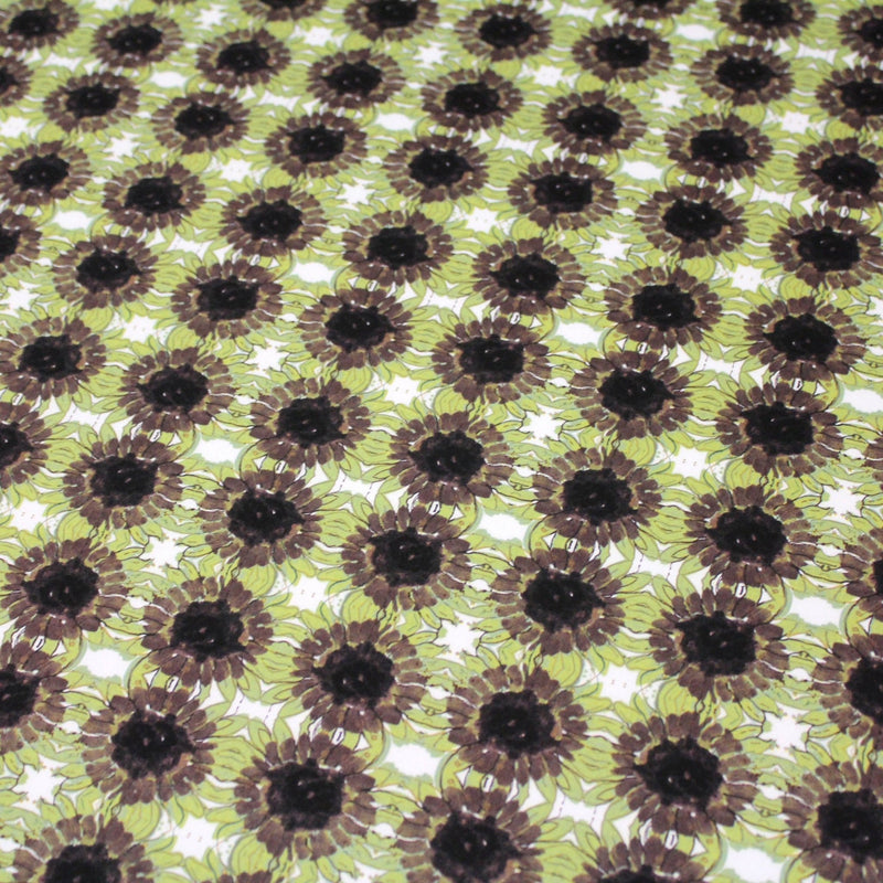 Tissu popeline de coton fleuri blanc aux tournesols vert pistache & marron - TissusPapi.com